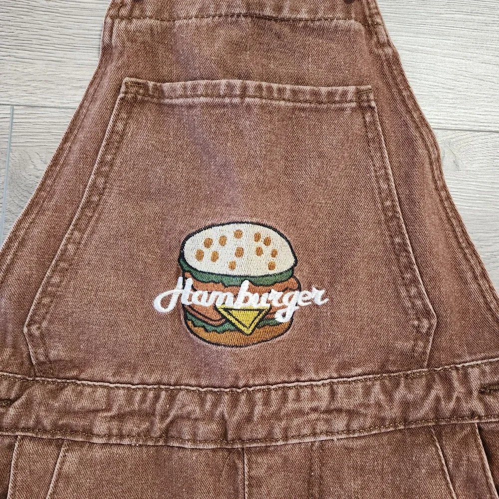 Embroidered Hamburger Logo‎ Denim Overalls Jeans Brown  Women's S RARE